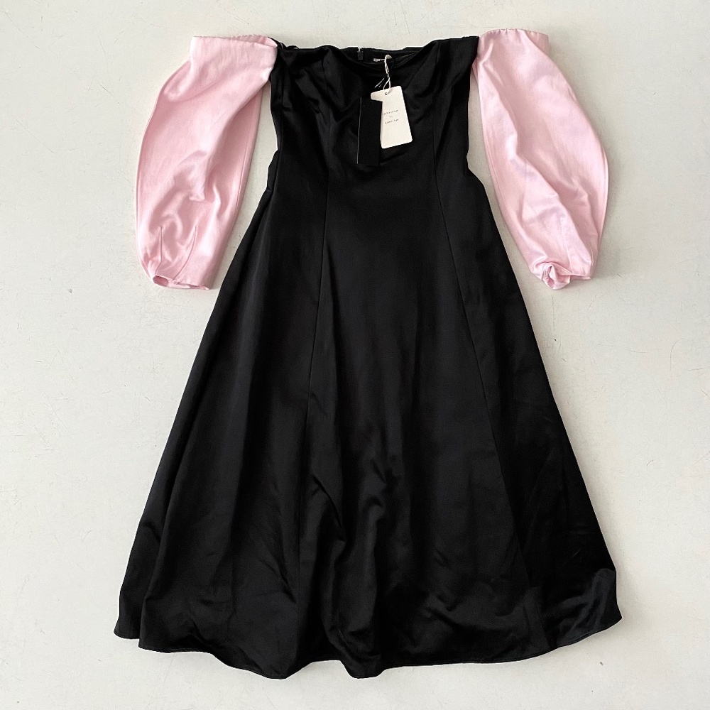 Gianni Bini x Nastia Liukin Audrey Off Shoulder Black w/ Pink Midi Dress, sz 2